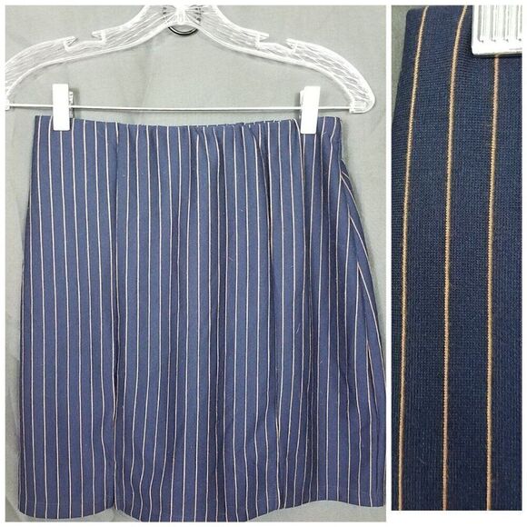 Popular Large Navy Blue Tan Stripe Pull On Skirt Short Mini Casual Business L - Picture 1 of 12